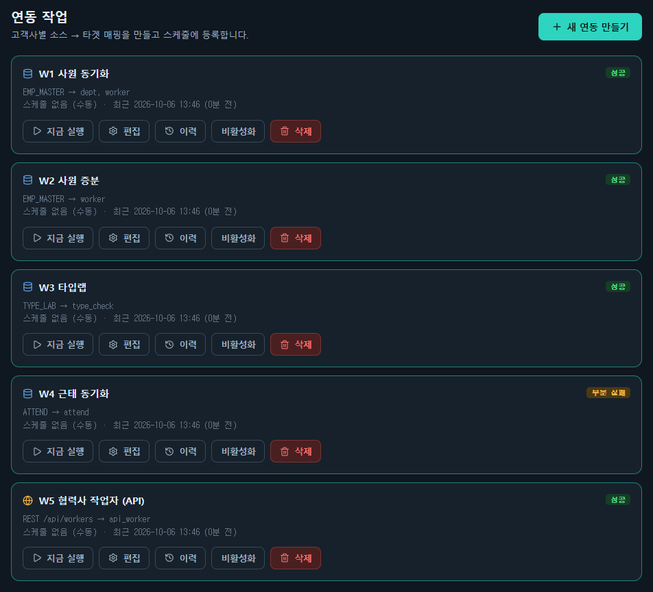 SyncBridge 연동 작업 목록 화면